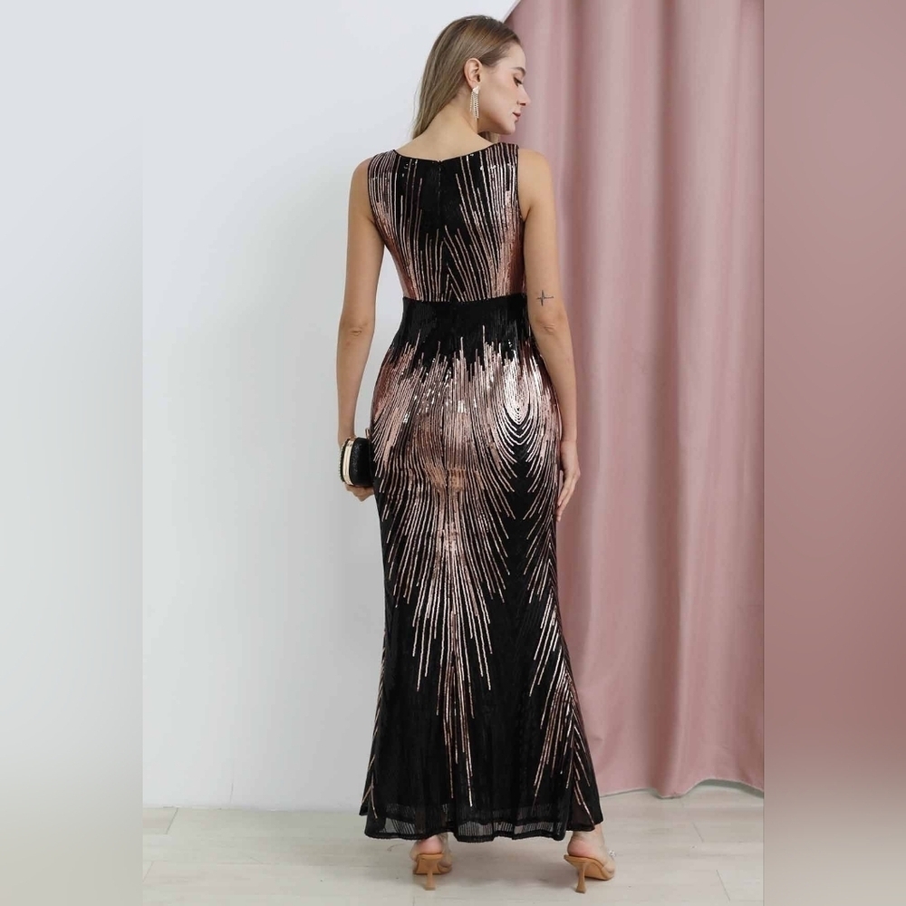 XUCTHHC Sleeveless Black and Rose Gold Sequin Bodycon Gown - Picture 6 of 13